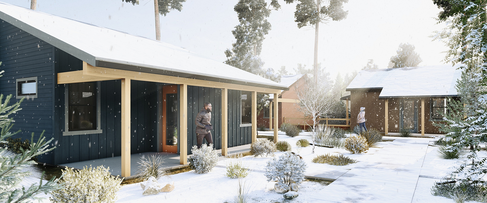 Charming snow-covered cabins in a tranquil winter landscape, featuring modern design and lush greenery.