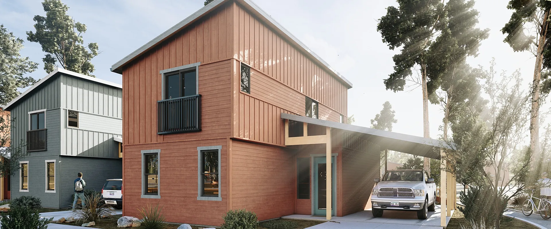 Charming modern house with wood paneling and large windows, nestled in a serene suburban setting with trees and a neatly landscaped yard.