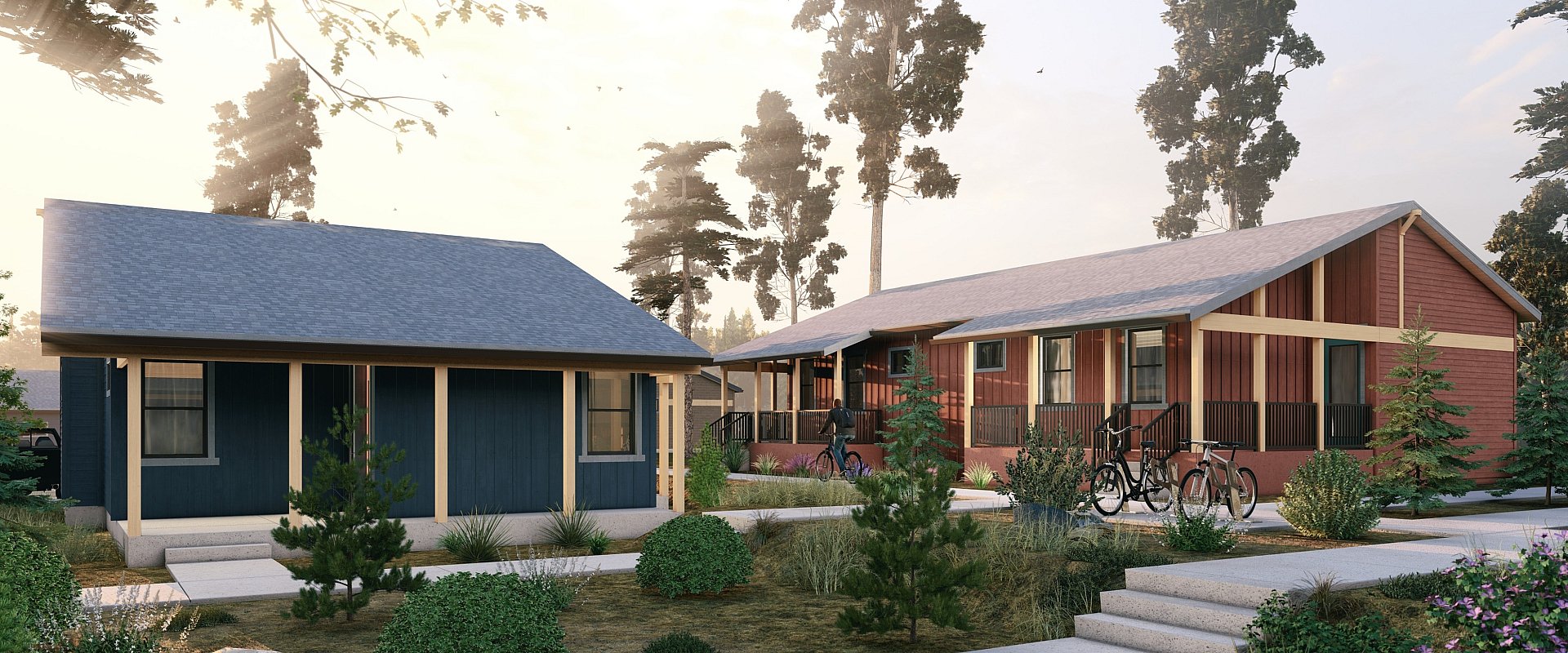 Charming residential setting featuring two cozy cottages with lush greenery and a serene atmosphere.