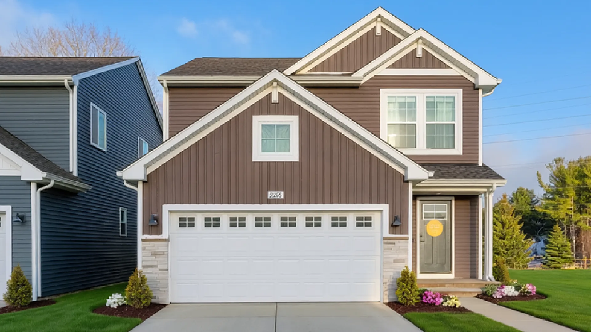 Charming suburban home with a modern exterior, featuring a spacious two-car garage and inviting front porch set against a clear blue sky.