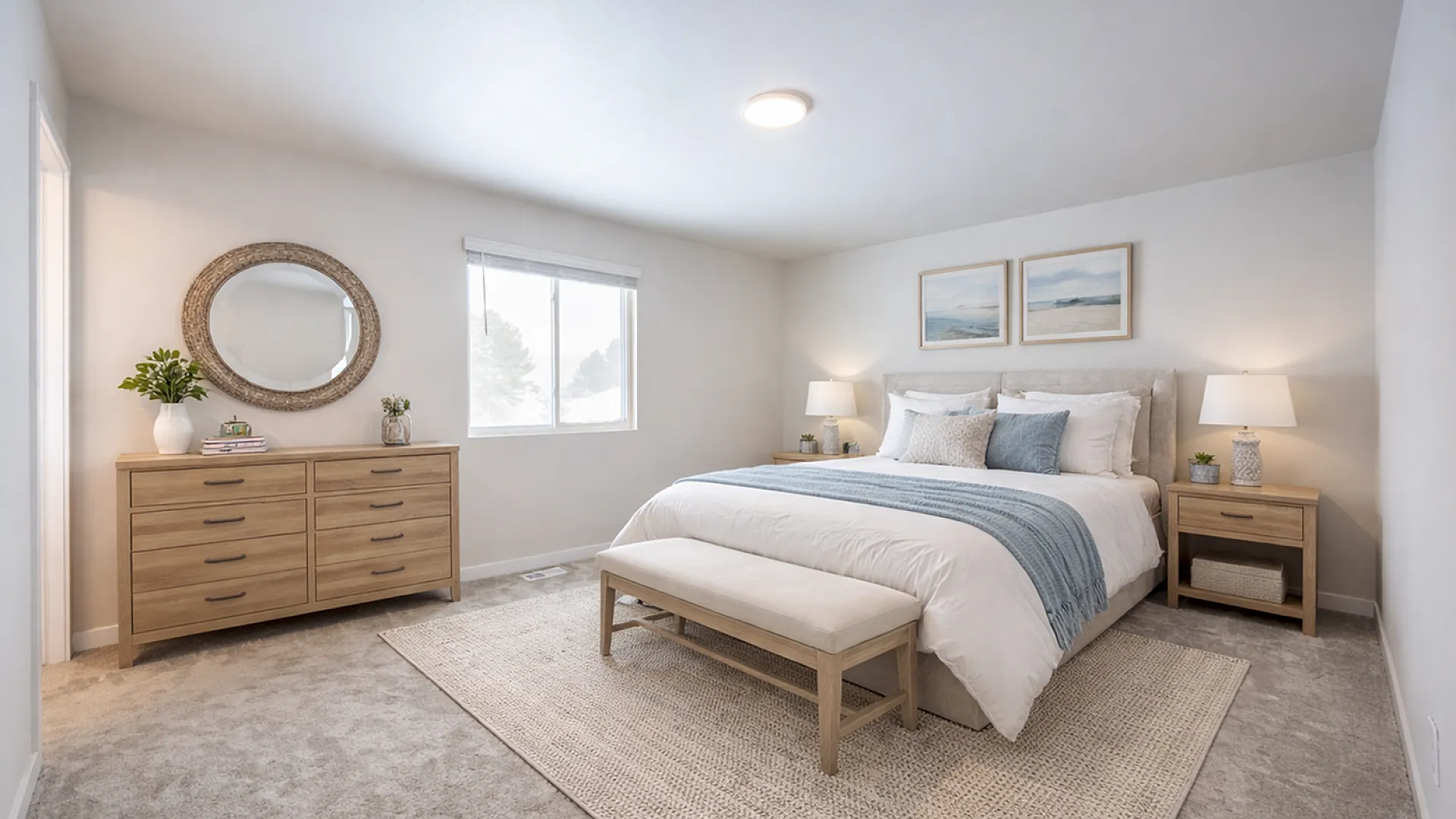 Bright and inviting bedroom featuring elegant furnishings, plush carpet, and ample natural light pouring through a large window.