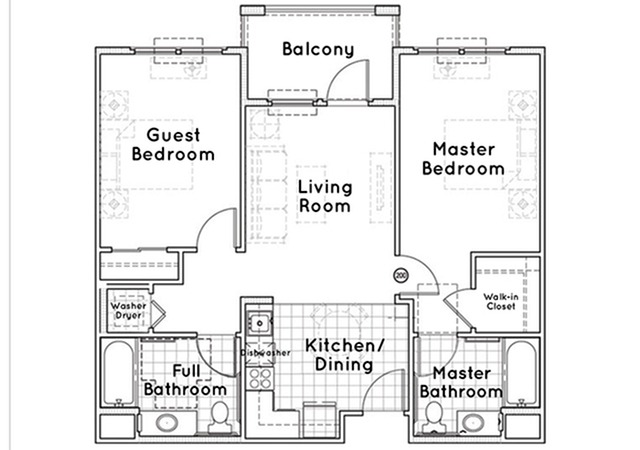 The Palms floor plan - 883 square feet - 2 bed, 2 bath