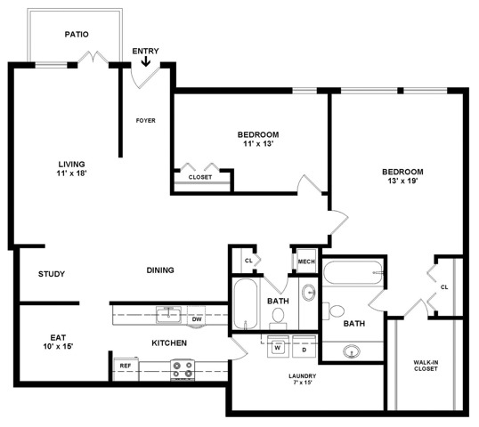 2 Bedroom/2 Bath BD5 2D Floor Plan