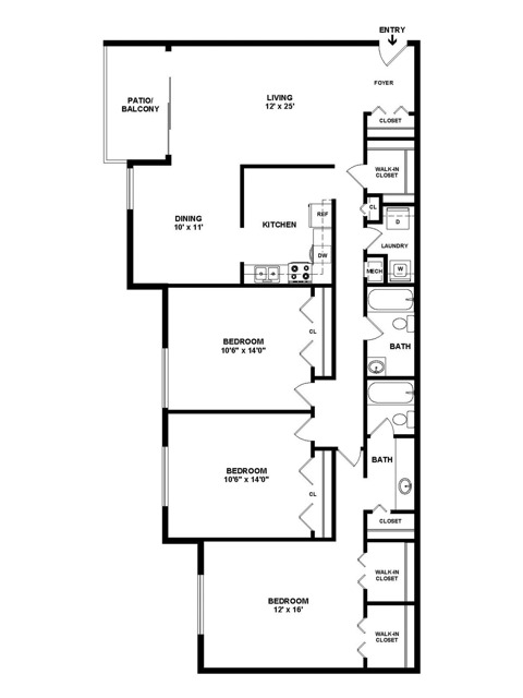 3 Bedroom/2 Bath C1 2D Floor Plan