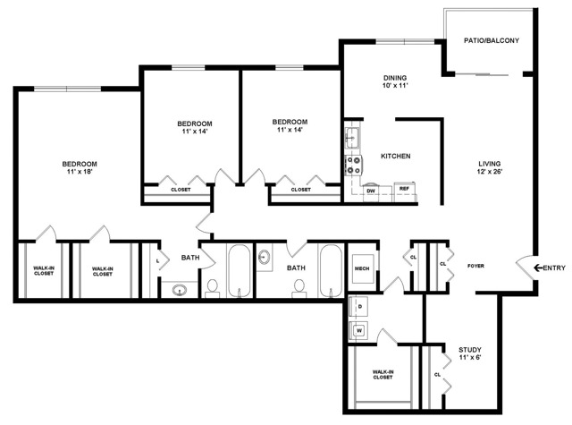 3 Bedroom/2 Bath C2 2D Floor Plan