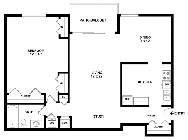 1 Bedroom/1 Bath A1 2D Floor Plan
