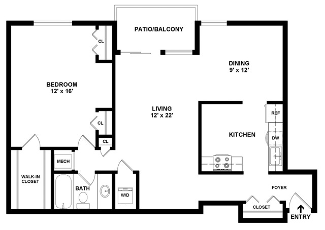 1 Bedroom/1 Bath A1C 2D Floor Plan