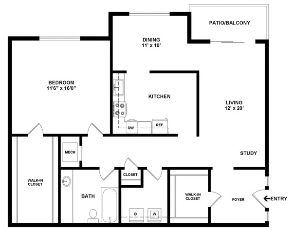 1 Bedroom/1 Bath A2 2D Floor Plan