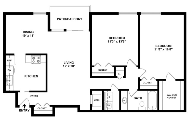 2 Bedroom/1 Bath B1 2D Floor Plan