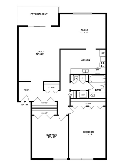 2 Bedroom/1 Bath B2 2D Floor Plan