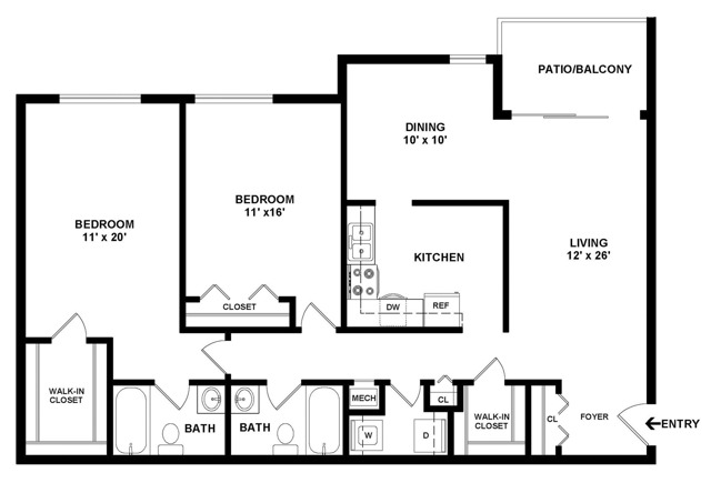 2 Bedroom/2 Bath B6 2D Floor Plan