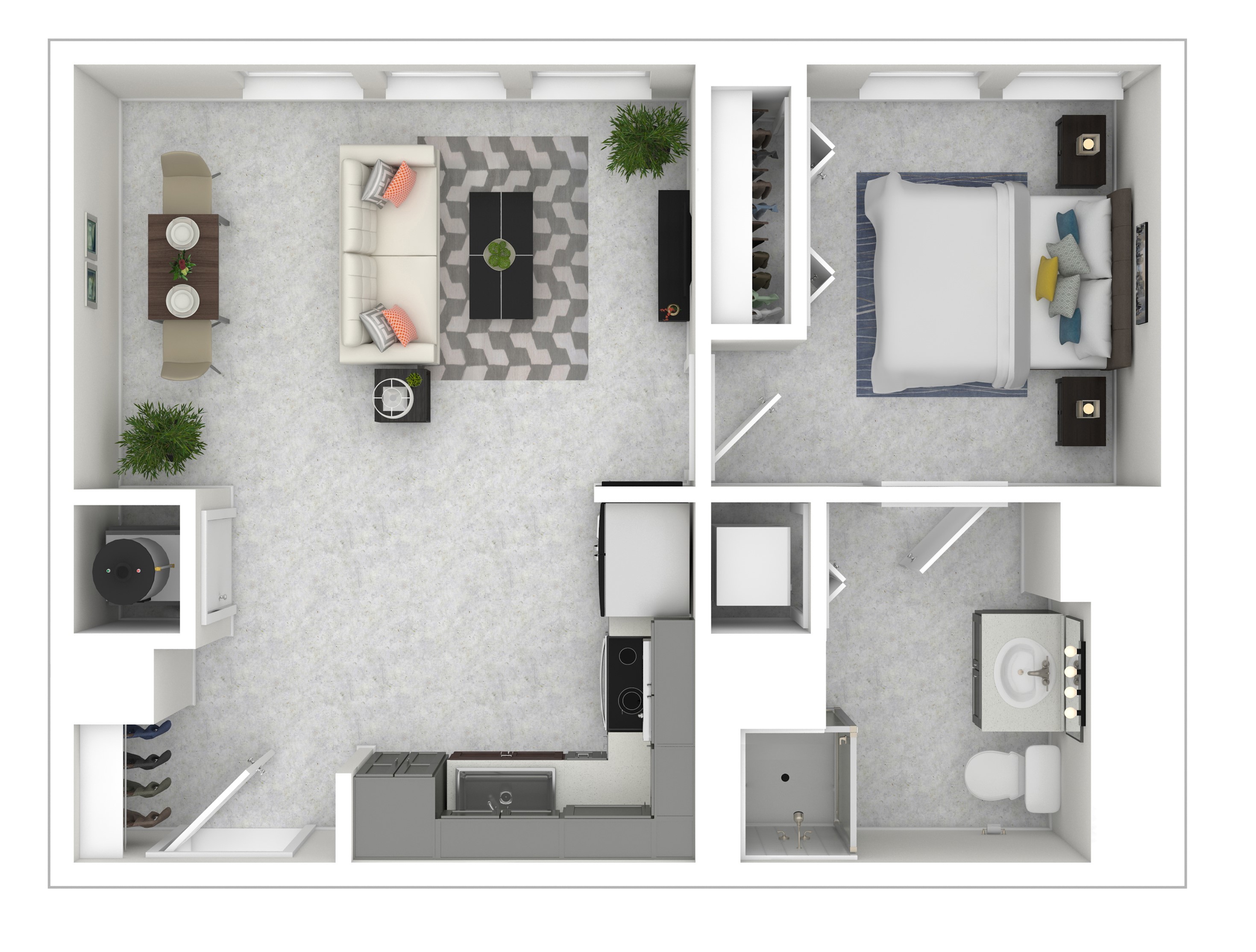 3D - 1x1b floor plan image