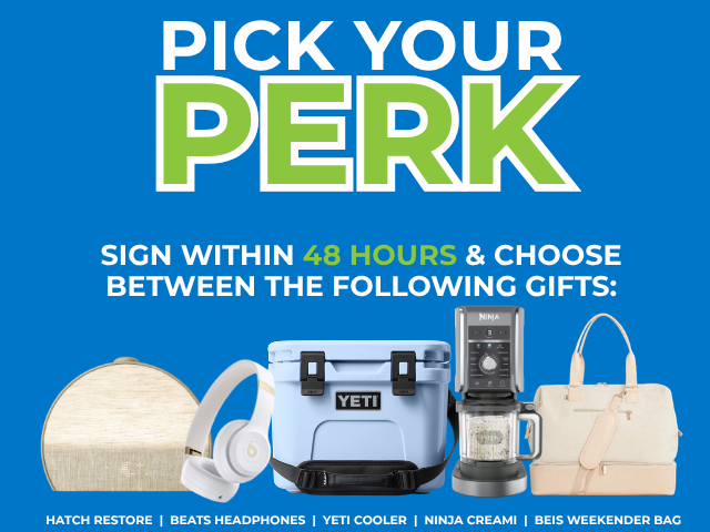 Eye-catching offer graphic showcasing perks including a Hatch Restore, Beats headphones, Yeti cooler, Ninja Creami, and Beis weekender bag for signing within 48 hours.