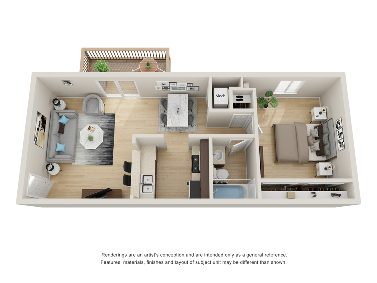1 bedroom, 1 bathroom layout