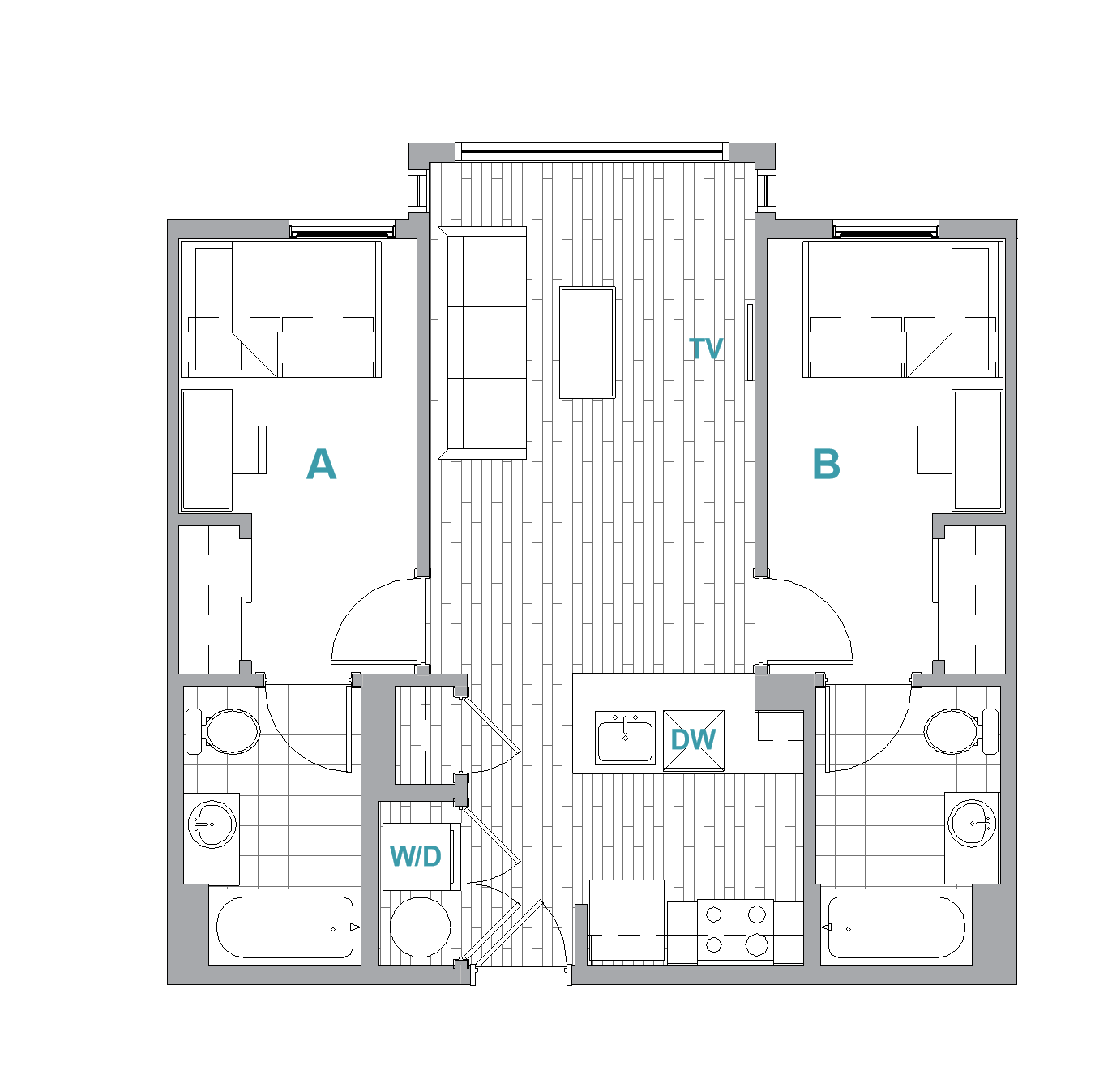 2BR/2BA Aerial floor plan