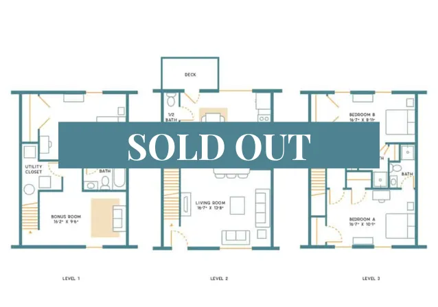 Modern 3-level floor plan featuring a bonus room and utility closet on the first level, a spacious living room and deck on the second level, and two cozy bedrooms with bath on the third level.