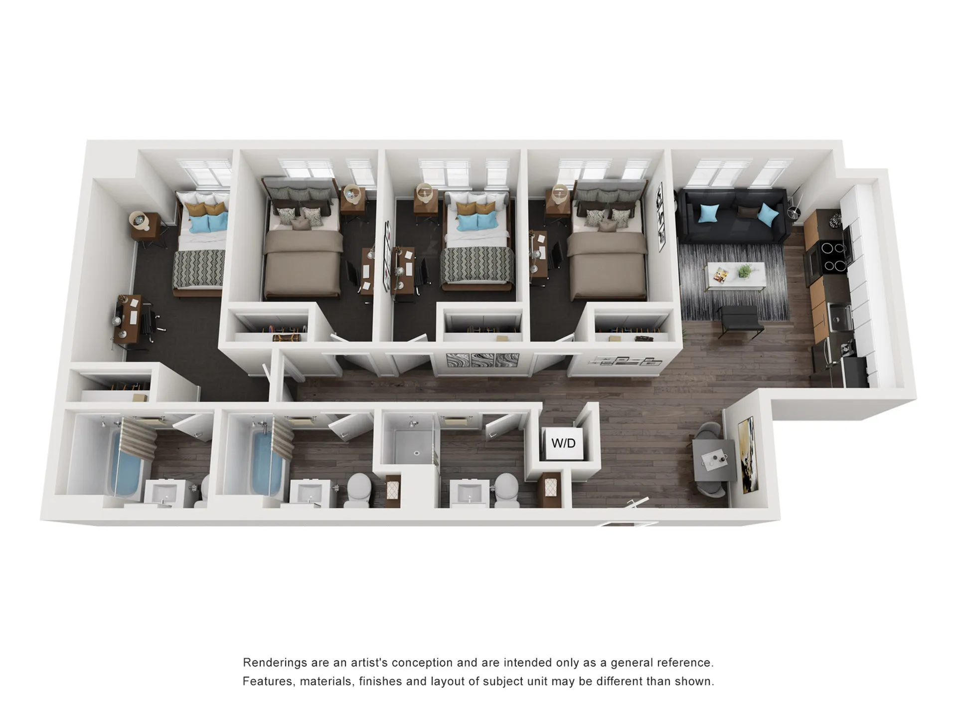 Modern 3D floor plan showcasing 3 cozy bedrooms, 2 elegant bathrooms, an open-concept living area, and a sleek kitchen with contemporary finishes.