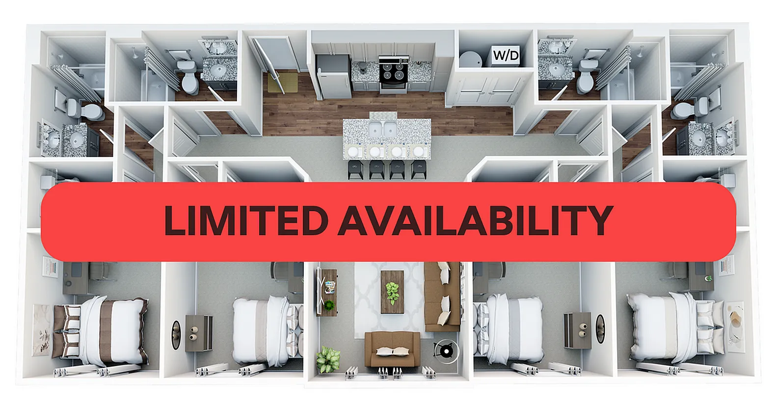 Modern floor plan showcasing 4 bedrooms, spacious living area, and stylish kitchen with limited availability.