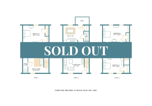 Chic multi-level floor plan showcasing 3 bedrooms, bonus room, and modern living areas, perfect for comfortable living.