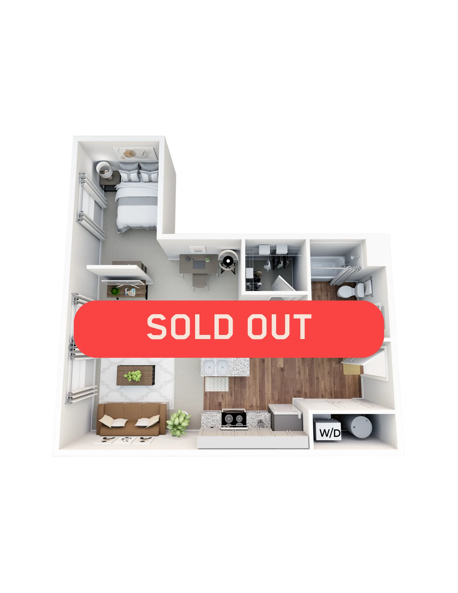 Charming 3D floor plan displaying a cozy one-bedroom apartment with an open-concept living and dining area, modern kitchen, and a compact bathroom, highlighted with \'Sold Out\' text.
