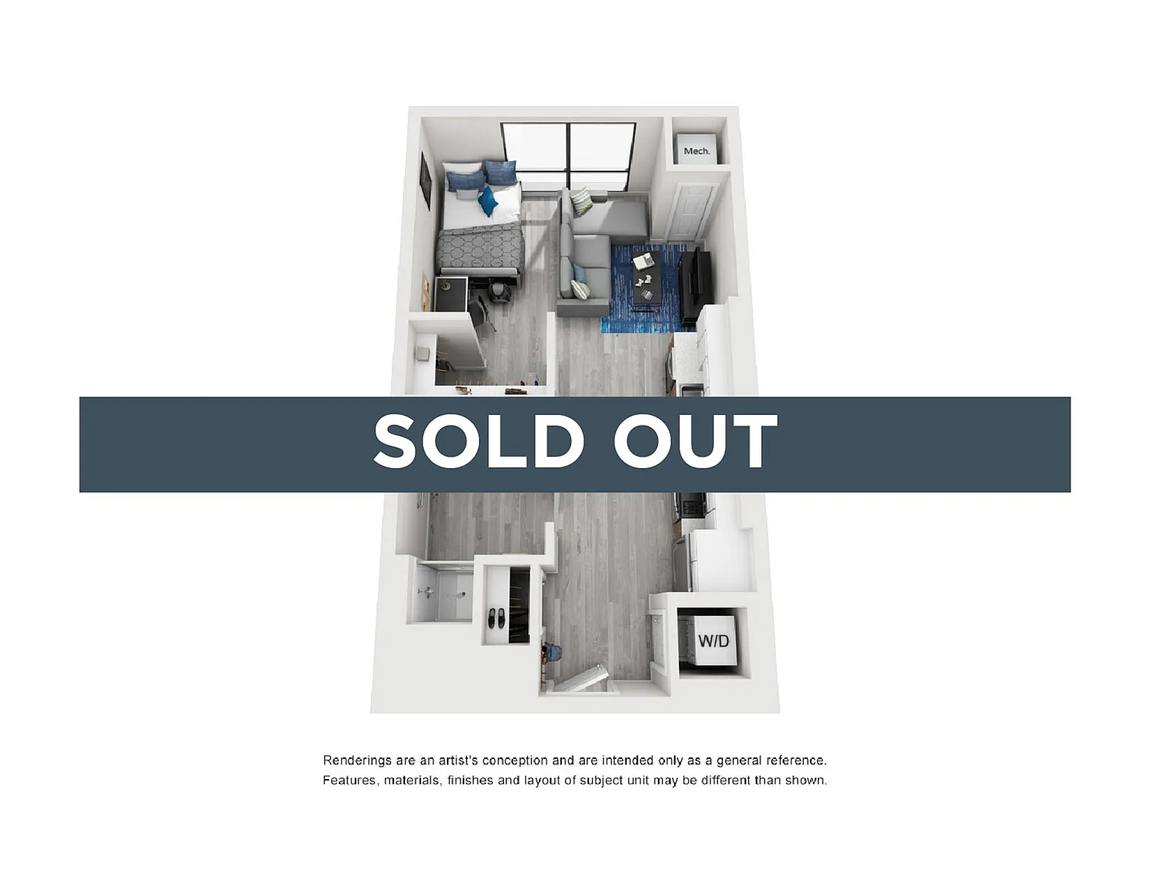 Chic and contemporary 3D floor plan showcasing a stylishly designed bedroom, cozy living area, and modern kitchen layout, marked sold out.