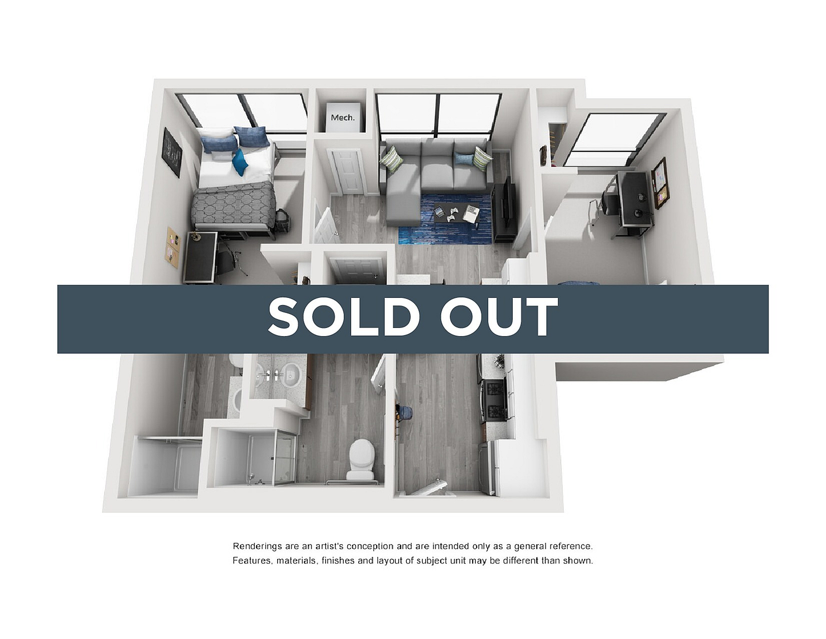 Modern 3D floor plan with two bedrooms, stylish open living area, and cozy workspace. Bright interiors, contemporary design, and efficient layout.