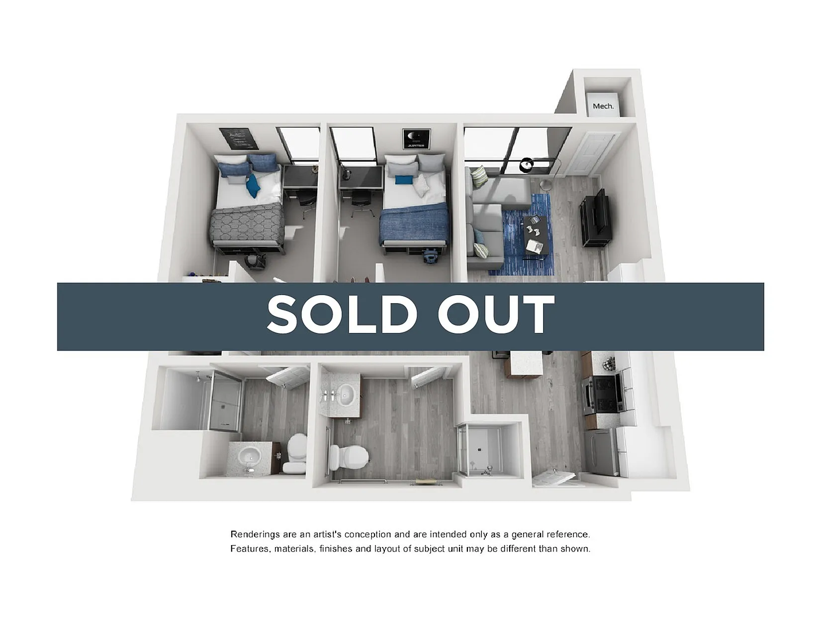 Chic 3D floor plan showcasing two cozy bedrooms, a stylish living room, modern kitchen, and ample storage space, marked as sold out.