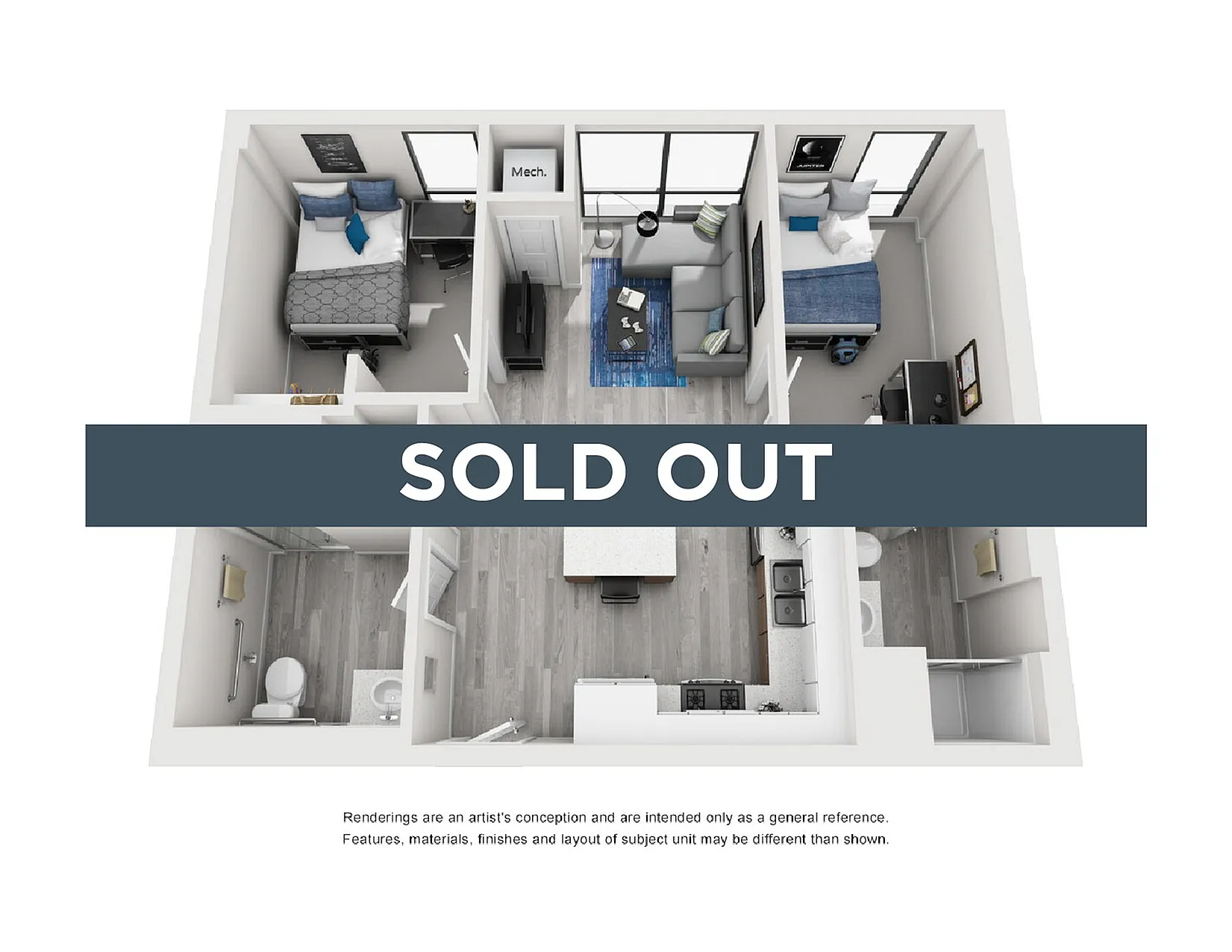 Contemporary 3D floor plan featuring modern 2-bedroom layout with open-concept living area and kitchen, stylish home design.