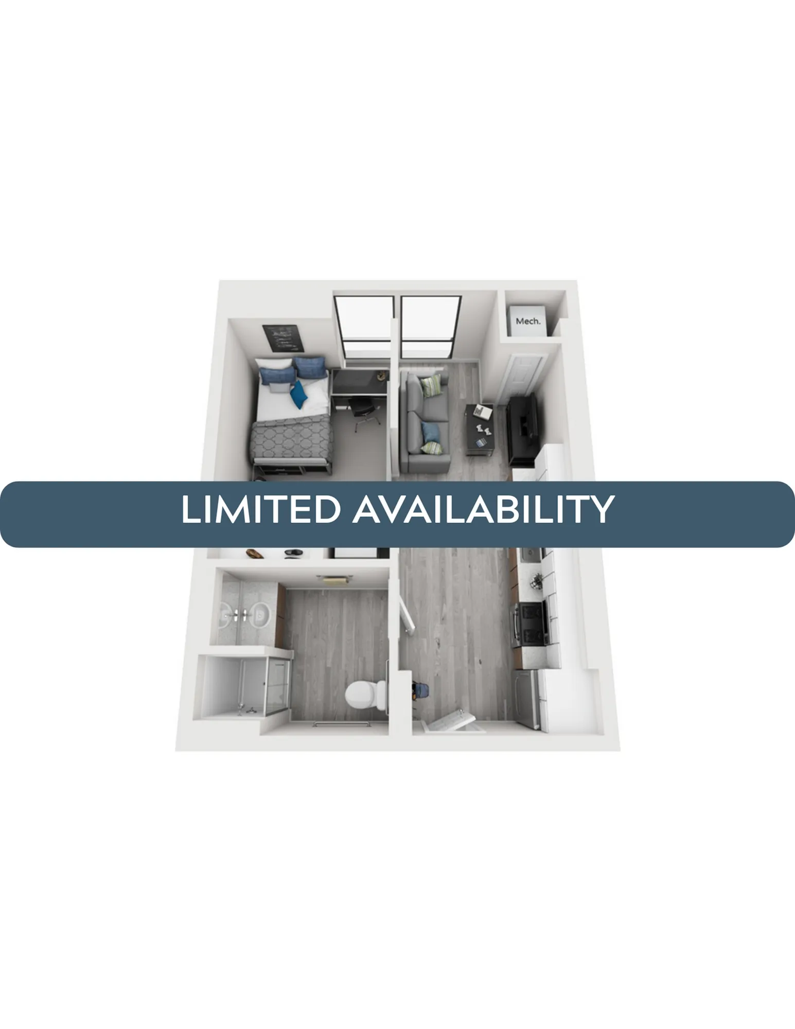 Chic 3D floor plan showcasing a compact one-bedroom apartment with an open living area and modern kitchen. Limited availability.