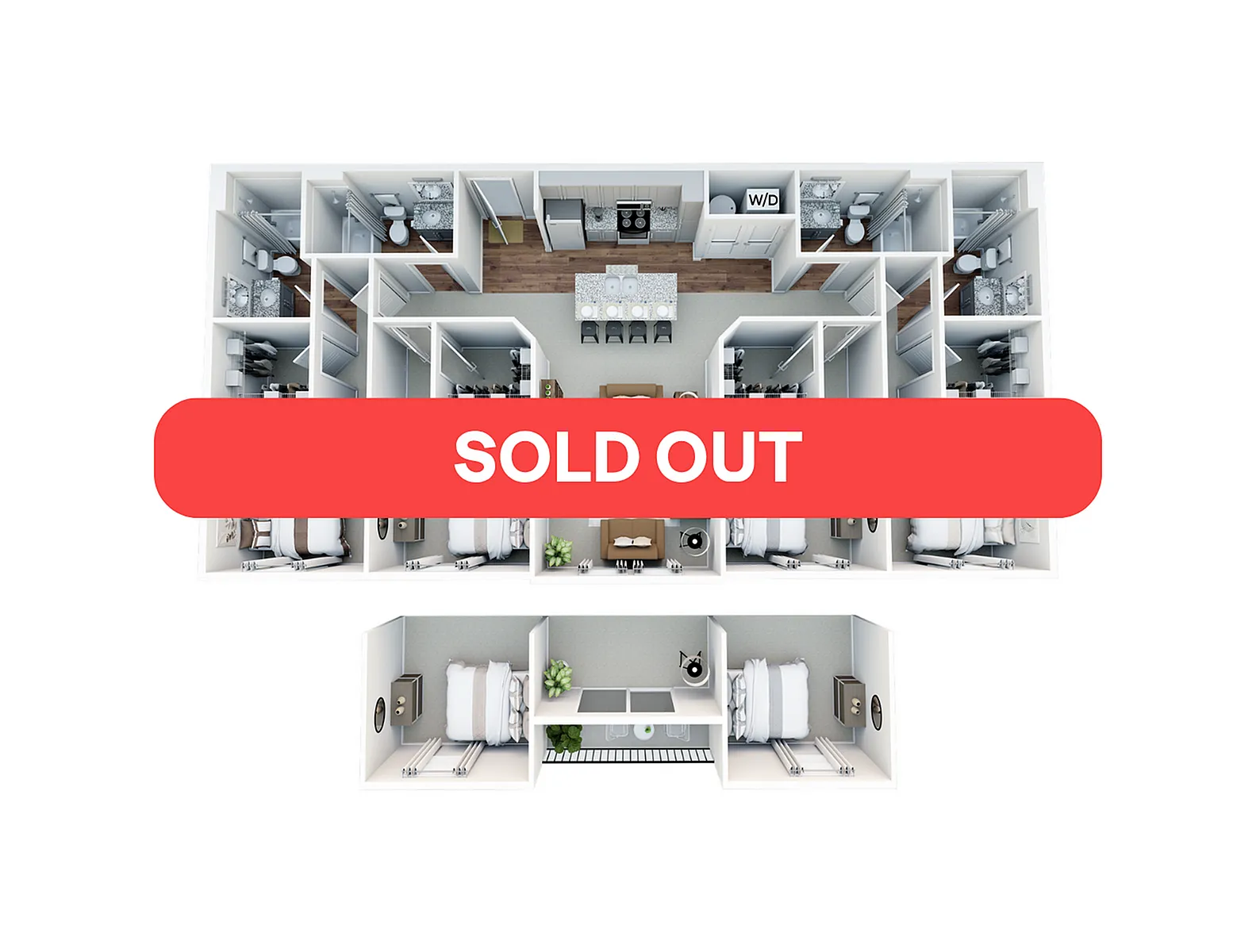 Sold out modern floor plan featuring multiple bedrooms, open living space, and state-of-the-art kitchen.