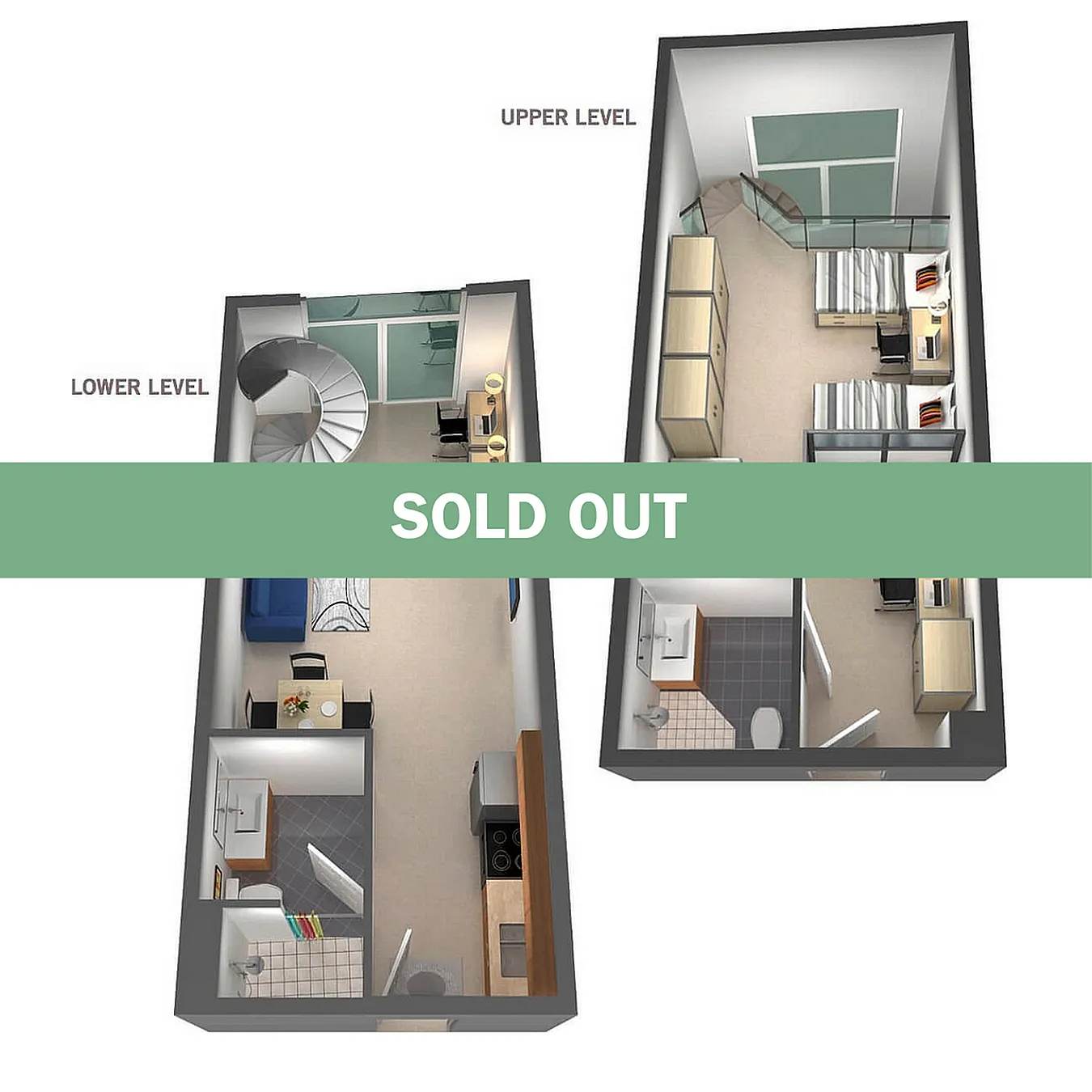 Modern two-level floor plan featuring spiral staircase, sleek kitchen, and cozy bedrooms on upper level with natural light-filled living space.