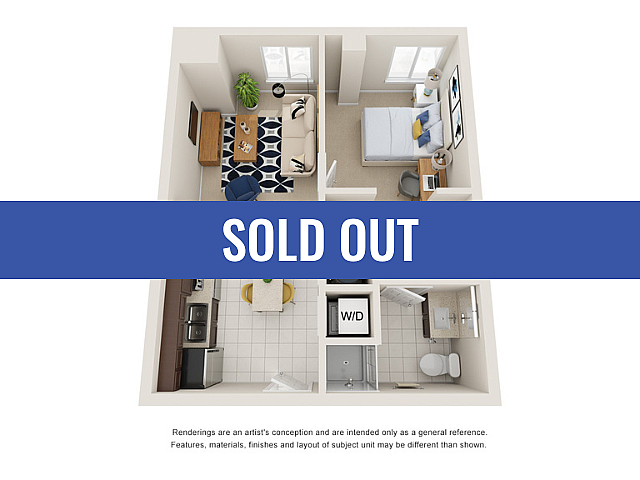 Charming 3D floor plan showcasing a cozy apartment with a bedroom, inviting living room, modern kitchen, and functional bathroom. SOLD OUT banner displayed.
