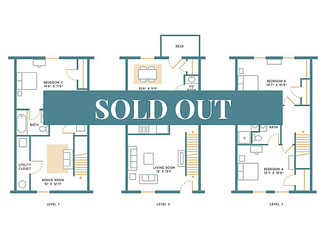 Elegant multi-level floor plan featuring spacious bedrooms, versatile bonus room, inviting living area, modern kitchen, and private deck.