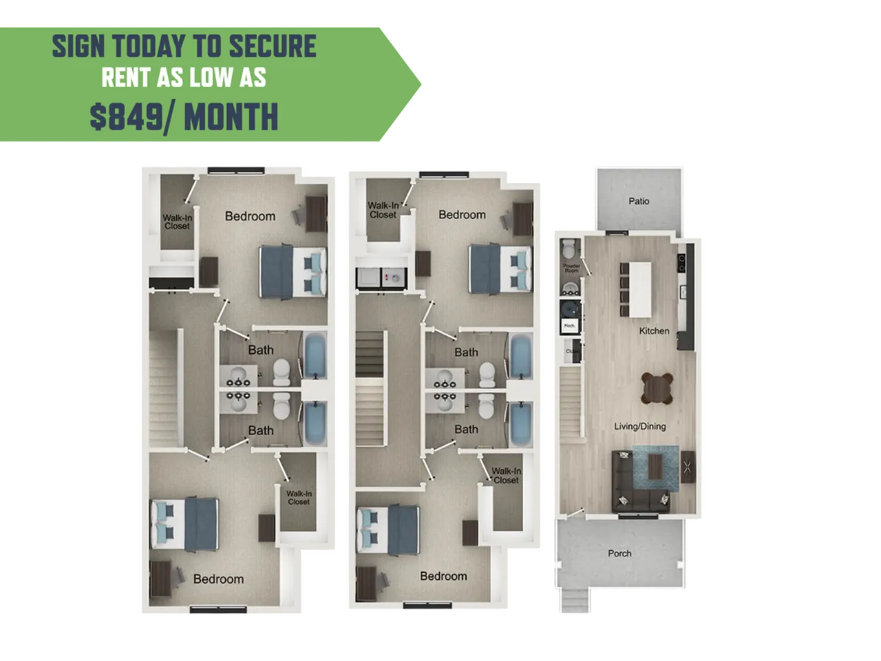Modern floor plan highlighting 3 bedrooms, expansive living/dining area, and gourmet kitchen with patio access. Secure your space today for just $849/month.