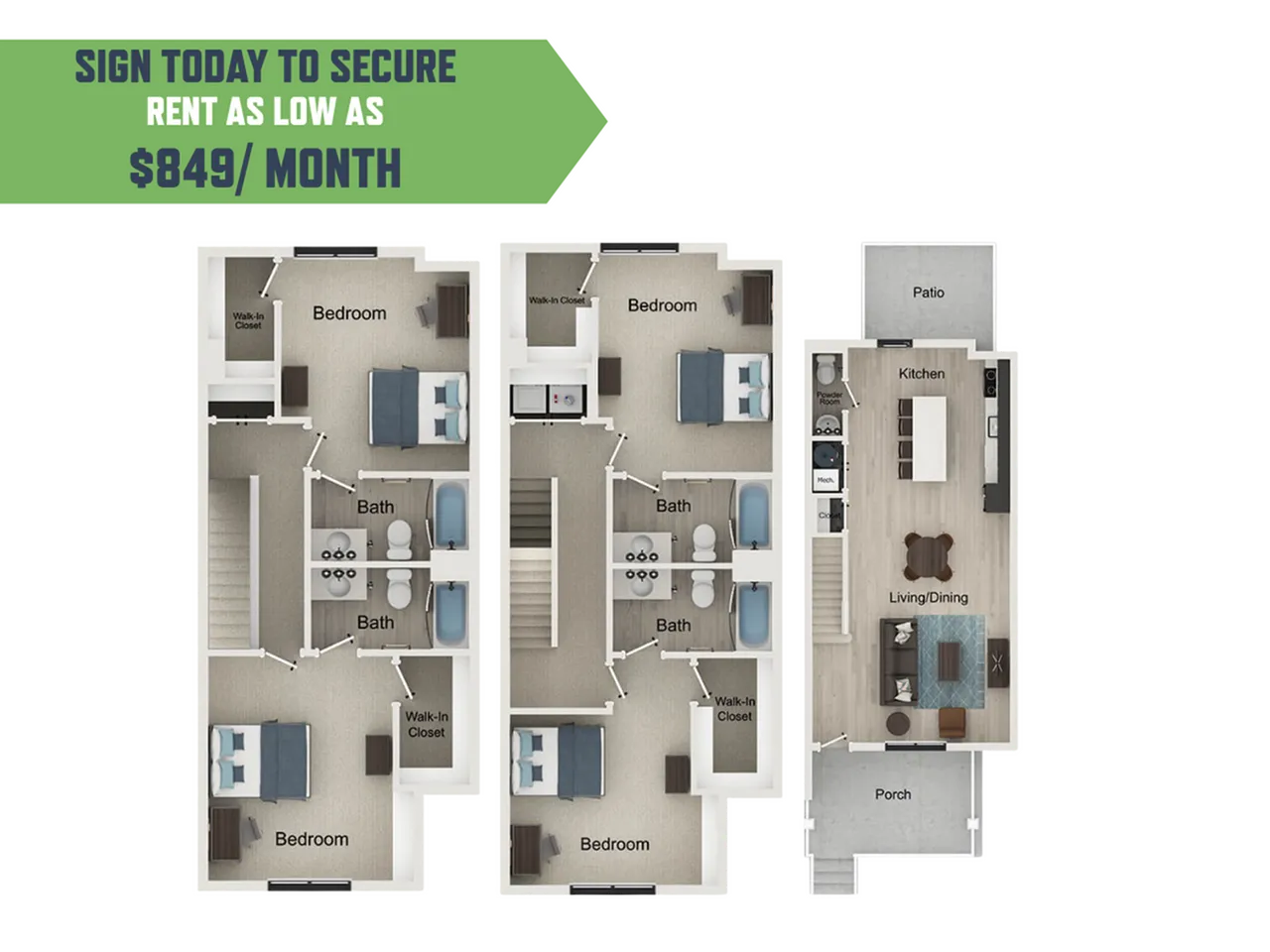 Modern floor plan showcasing 3 spacious bedrooms, 2 elegant baths, open-concept kitchen and living/dining area, with a cozy porch and patio. Affordable luxury at $849/month.