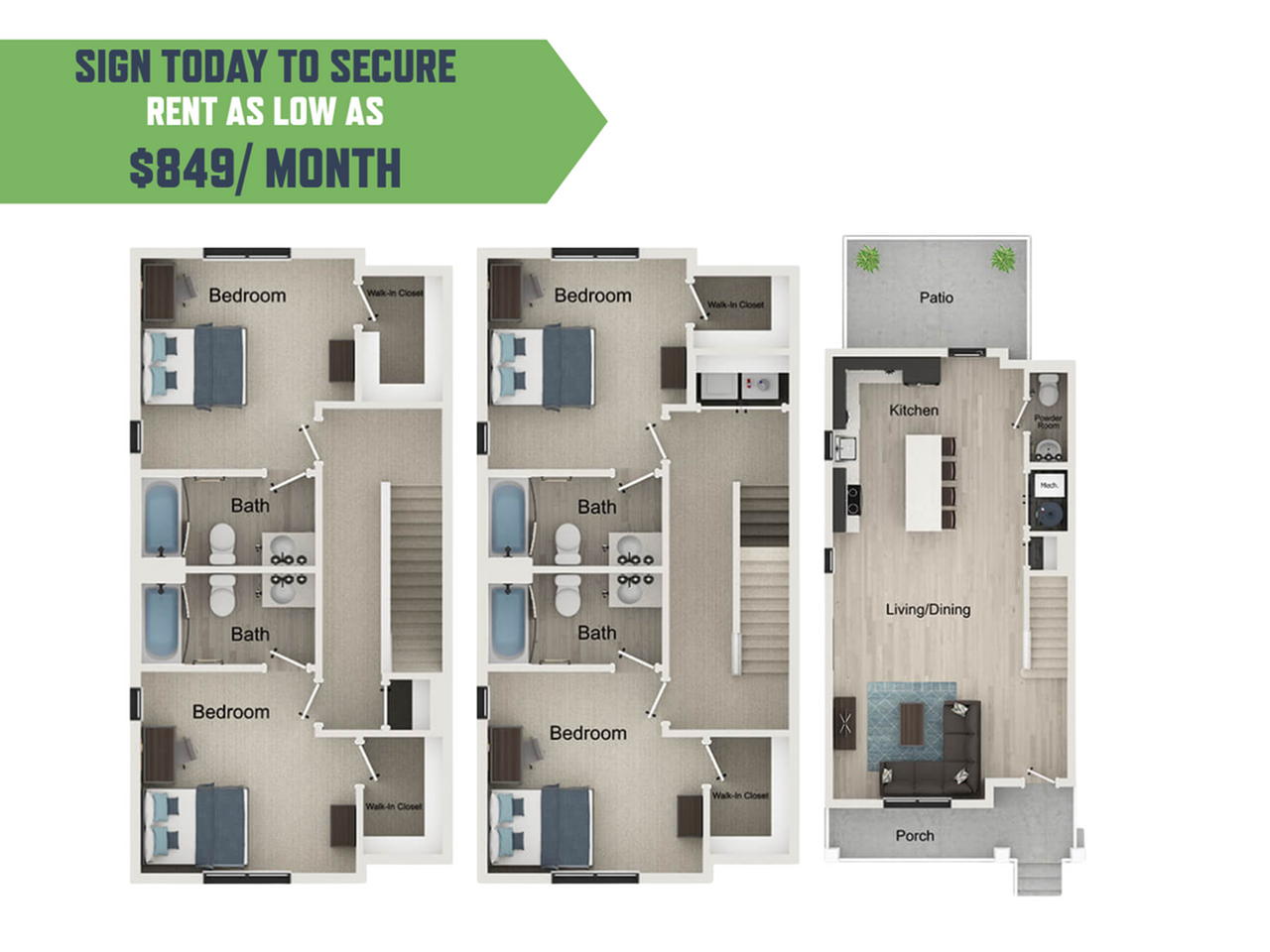 Modern townhome floor plan featuring 3 bedrooms, 2 baths, an open kitchen, spacious living/dining area, patio, and porch. Rent starts at an affordable $849/month.