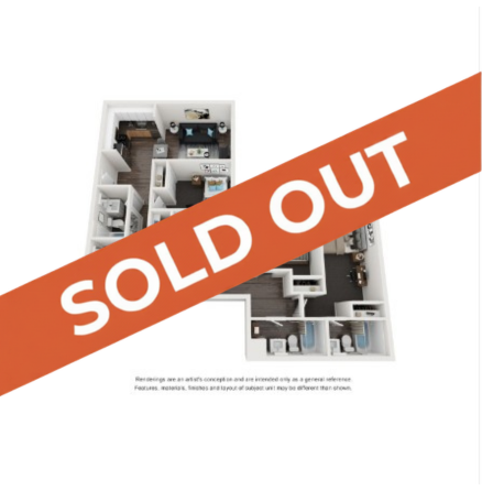 Modern apartment floor plan with 3 bedrooms, spacious living area, and contemporary kitchen, marked with a bold \'Sold Out\' overlay.
