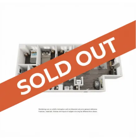 Stylish and modern floor plan featuring two spacious bedrooms, a cozy living area, and a well-equipped kitchen, highlighted with a \'Sold Out\' banner.