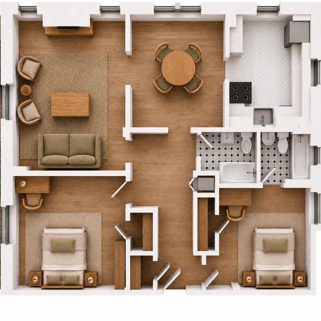 Modern floor plan with 2 cozy bedrooms, elegant living room, inviting dining area, and sleek kitchen, ideal for stylish living.
