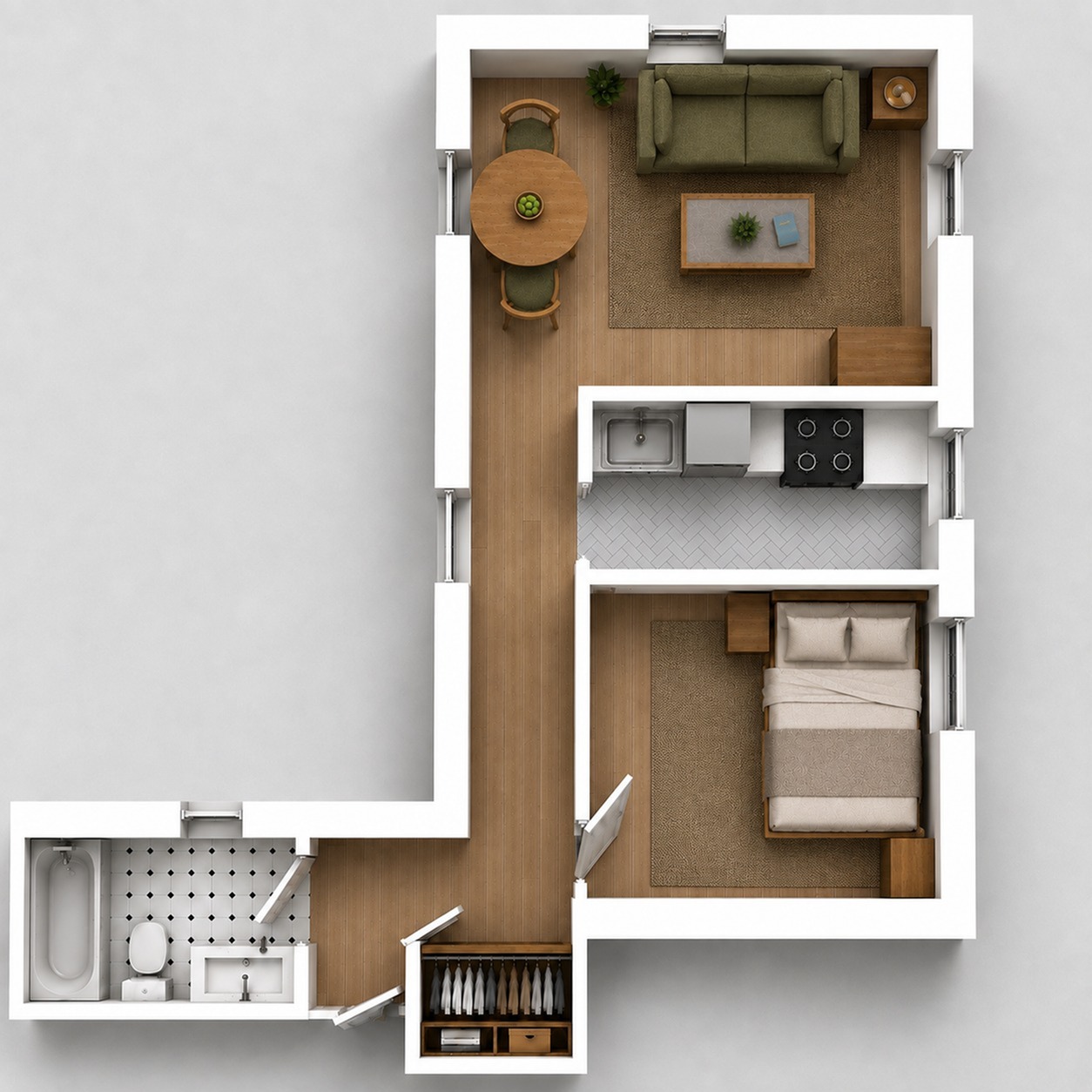 Modern apartment floor plan showcasing an inviting open-concept living area, cozy bedroom, stylish kitchen, and elegant bathroom.