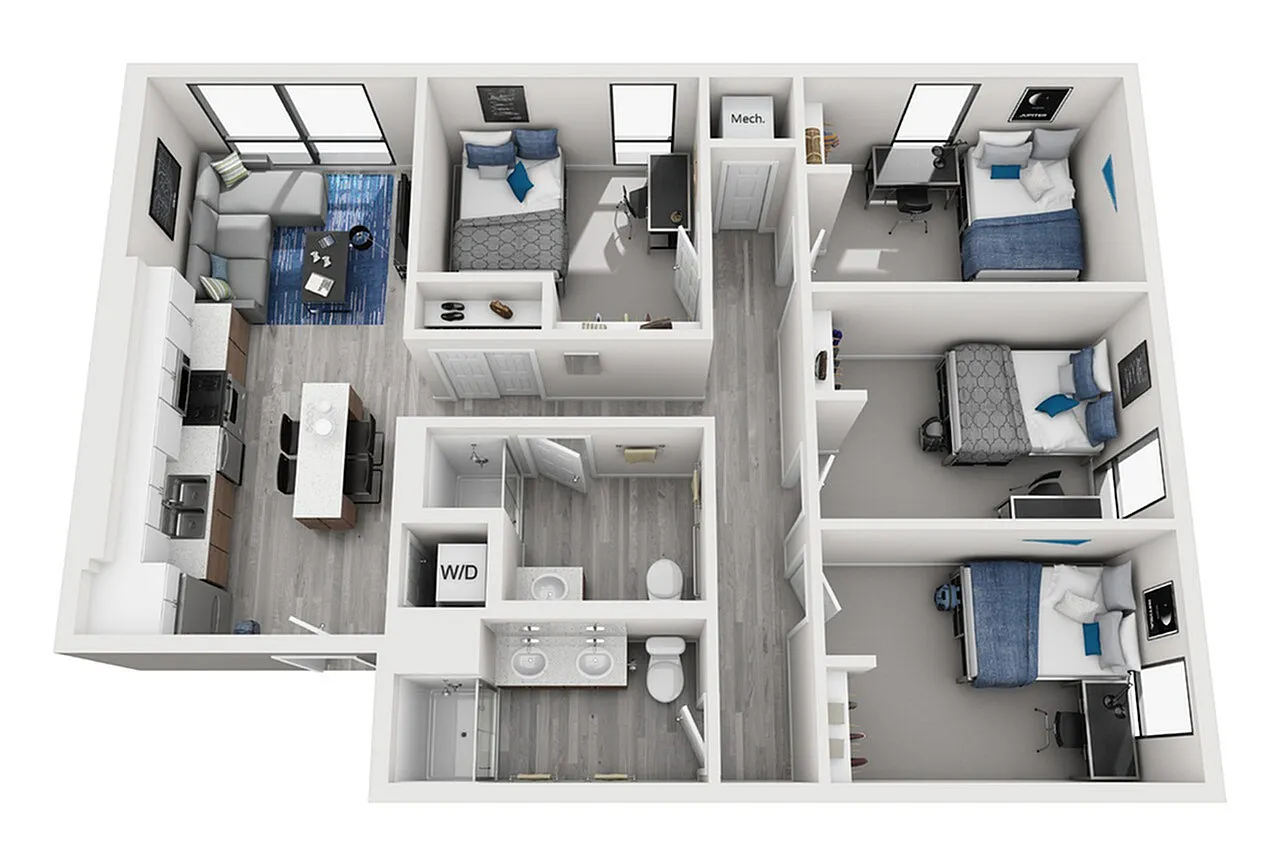 Modern 3D floor plan showcasing 3 cozy bedrooms, an open kitchen with island, stylish living area, and convenient laundry space.