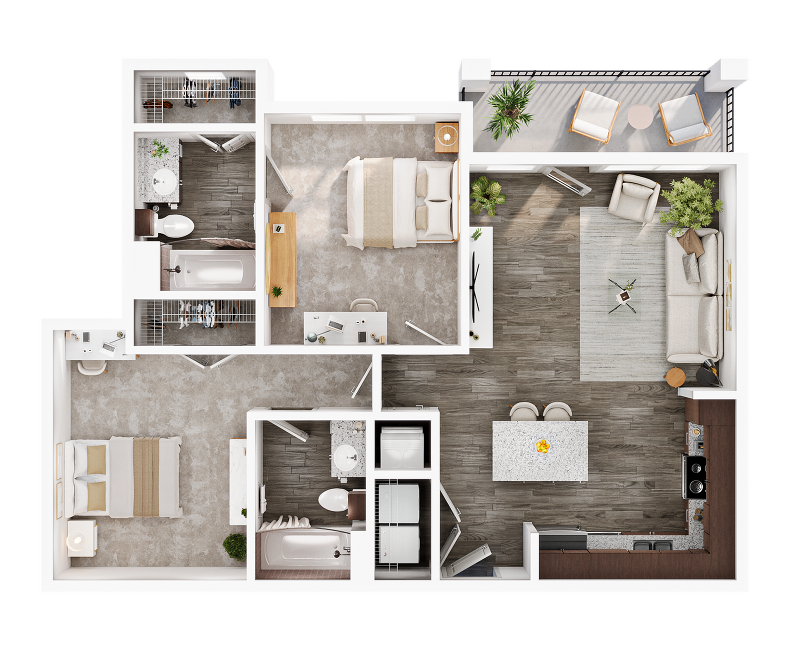 Modern 2D floor plan featuring two bedrooms, two bathrooms, stylish open-concept living area, and cozy balcony space. Ideal for elegant urban living.