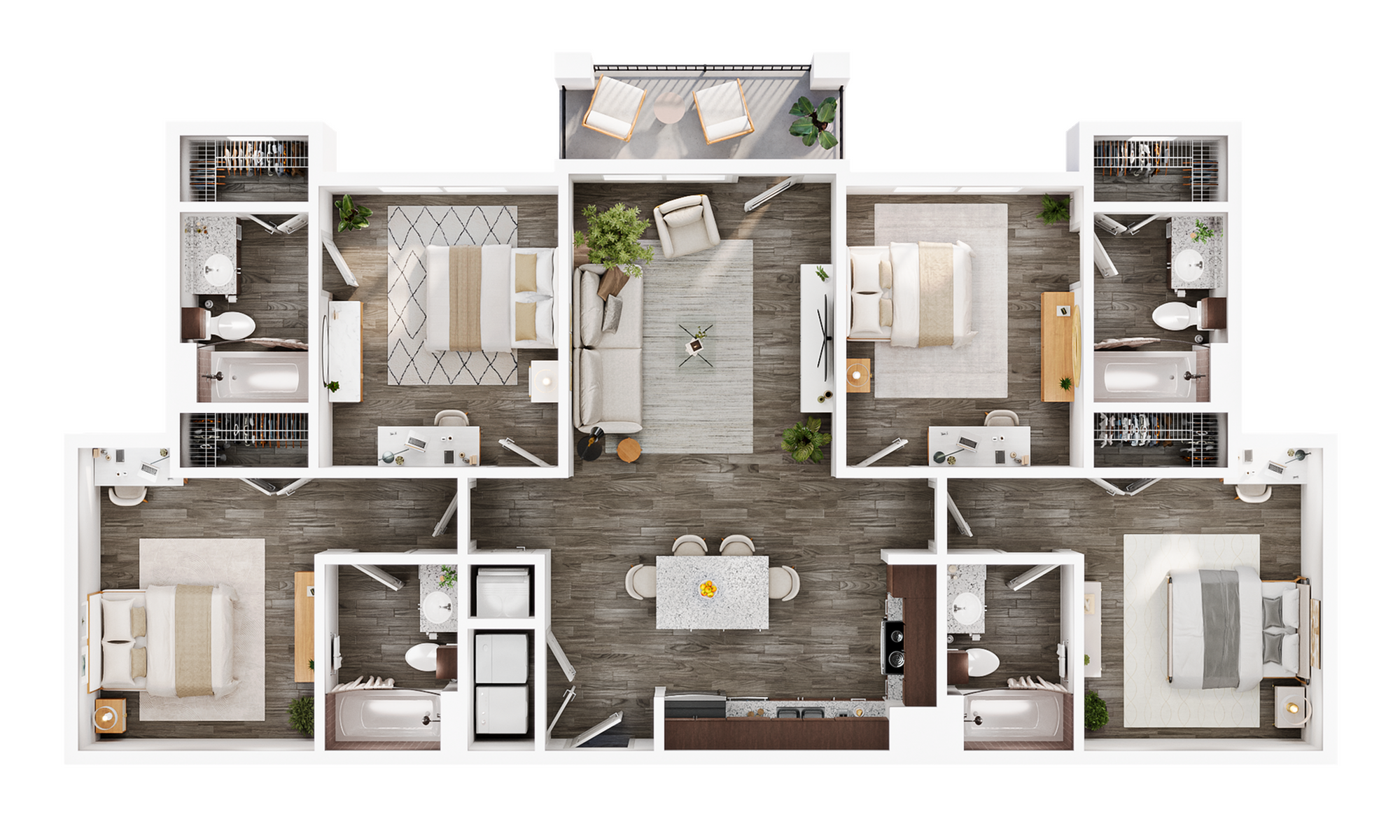 Modern 3D floor plan showcasing a luxurious three-bedroom apartment with a central living area, elegant dining space, and two sleek bathrooms, complemented by stylish furnishings and a private balcony.