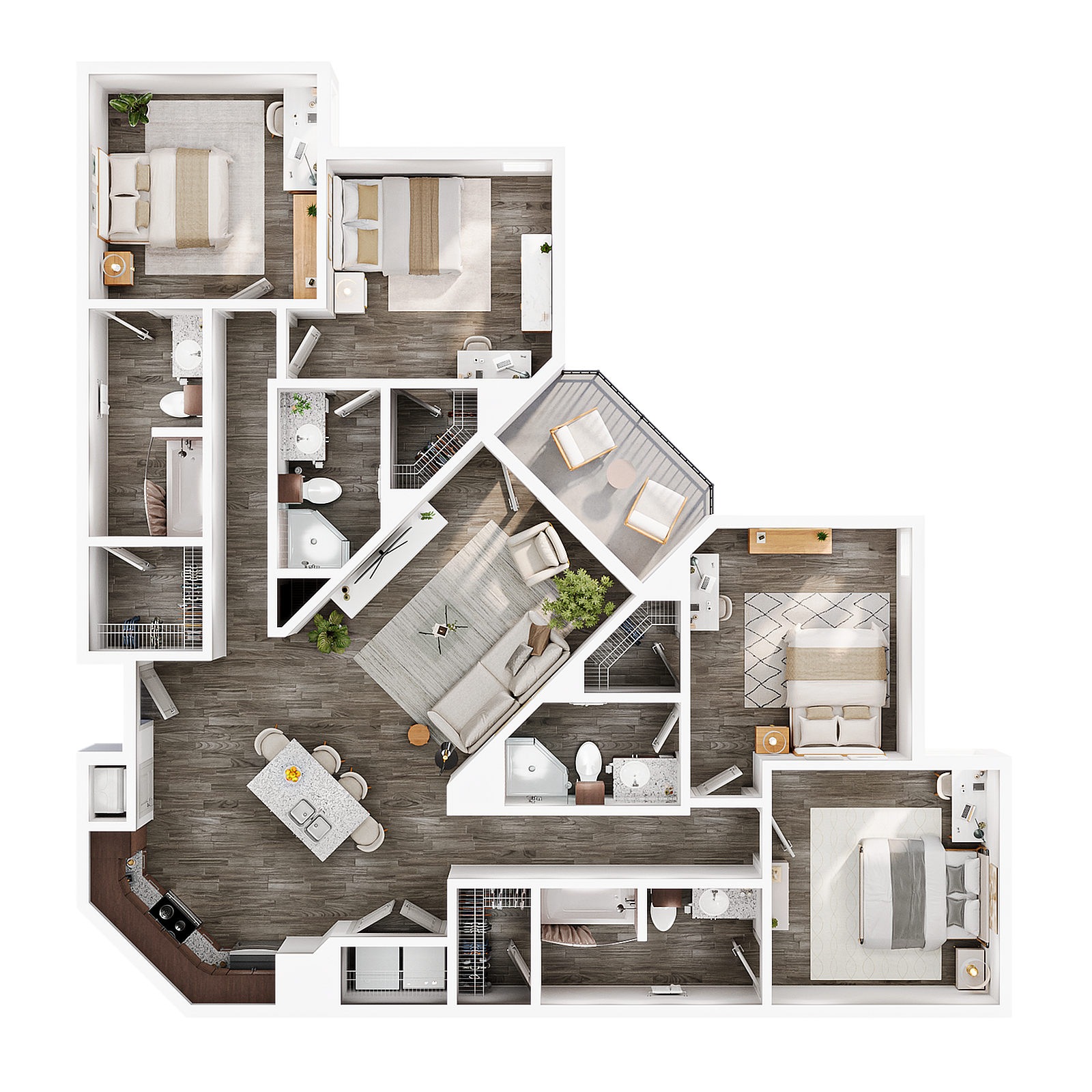 Modern apartment floor plan showcasing 3 spacious bedrooms, open-concept living and dining area, sleek kitchen, and two elegant bathrooms with contemporary finishes.