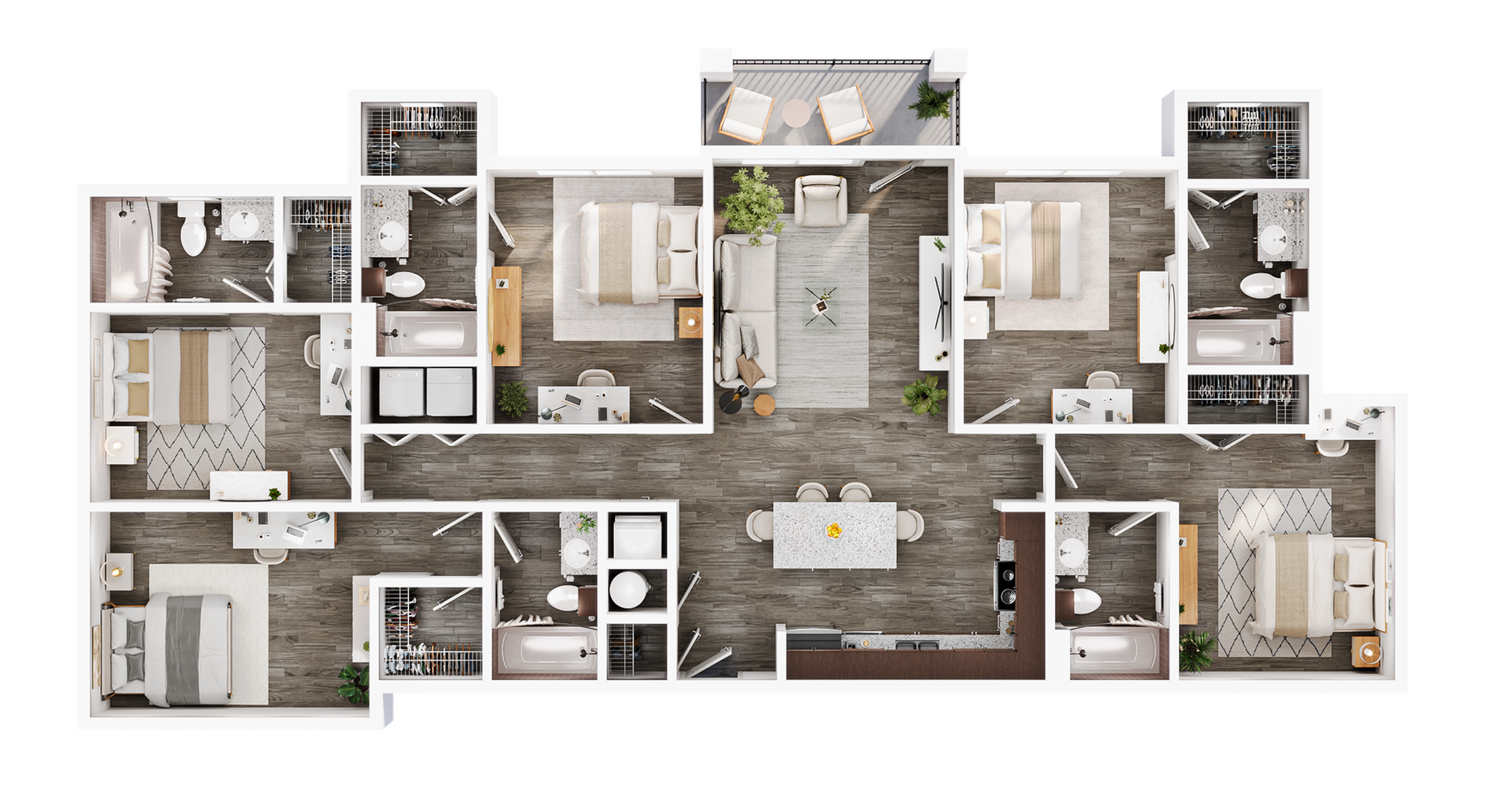 Elegant 2D floor plan showcasing a spacious layout with three bedrooms, modern kitchen, and an inviting open-concept living space featuring a large dining area, multiple bathrooms, and cozy outdoor balcony seating.