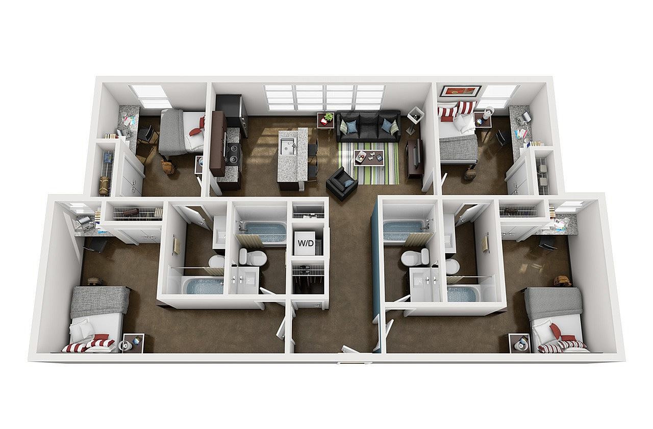 Modern 3D floor plan showcasing 3 spacious bedrooms, a cozy open-plan living area, and a sleek kitchen with island seating.