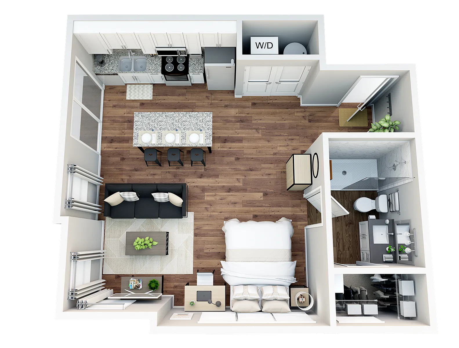 Modern open-concept floor plan featuring a spacious studio layout with a cozy living area, integrated kitchen with a breakfast bar, and a pristine bathroom. Includes convenient in-unit washer/dryer and stylish hardwood flooring.
