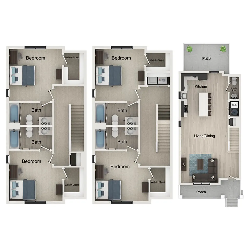 Modern 2D floor plan showcasing dual-level design with three spacious bedrooms, elegant kitchen, open living and dining area, and inviting patio.