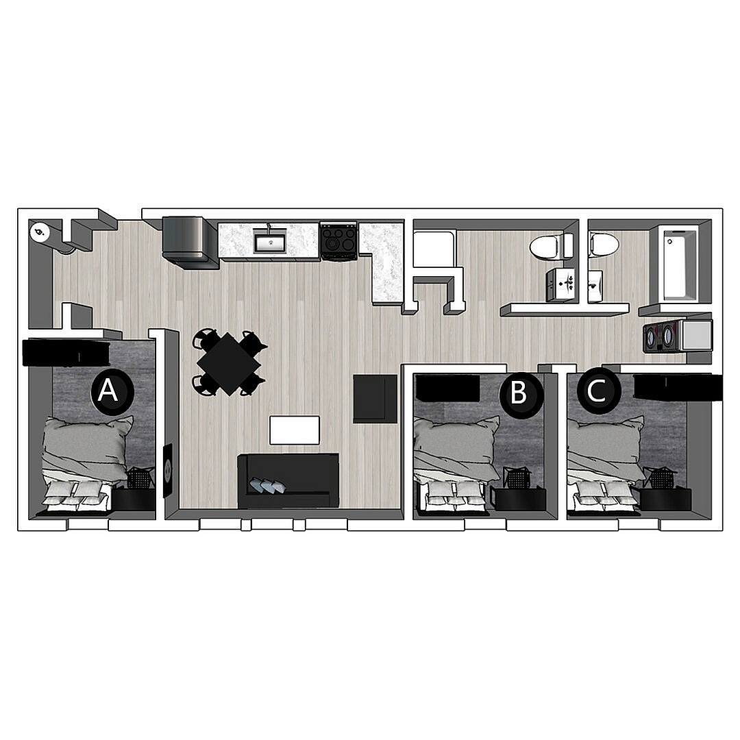 Modern 2D floor plan featuring 3 bedrooms, an open living and dining area, and a sleek kitchen layout.