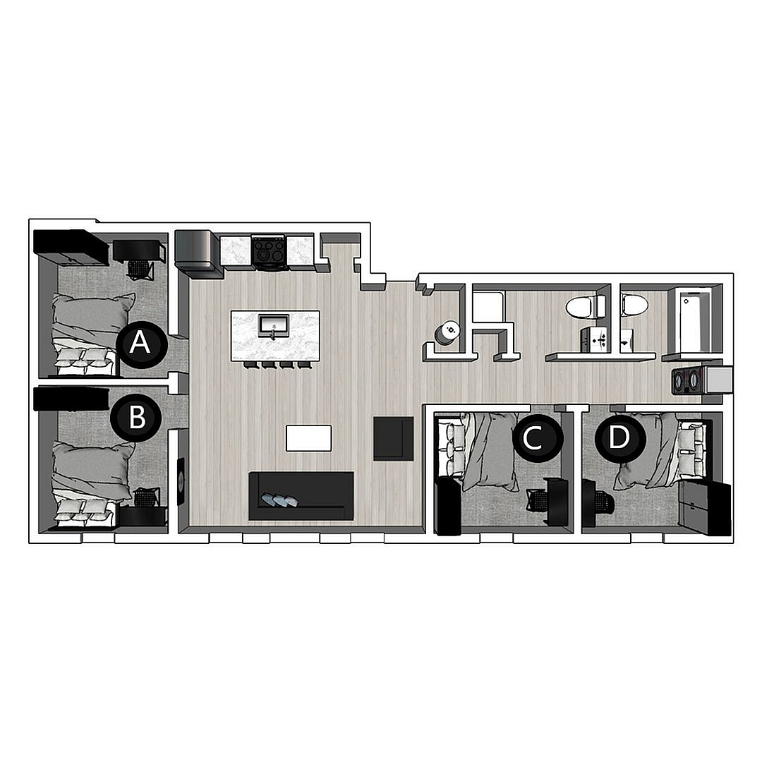 Modern floor plan featuring four bedrooms, a spacious open kitchen, and a cozy living area, ideal for stylish living.